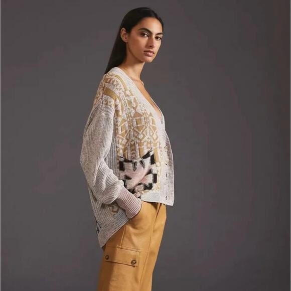 ANTHROPOLOGIE x PILCRO Mash-Up Cardigan Sweater Gray Tan Star Check Sz S {WW5} - Picture 2 of 7
